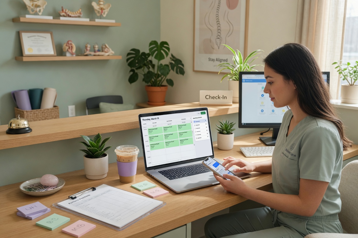 Chiropractic assistant reviews an overdue maintenance recall campaign summary on her phone beside an open adjustment room
