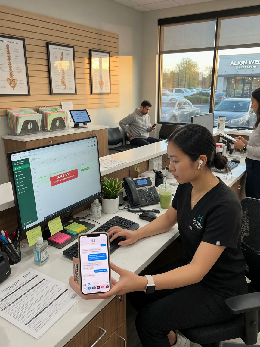 Chiropractic front desk staff reviews a same-day cancellation fill summary on a monitor