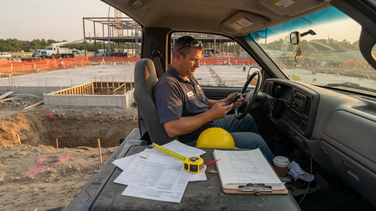 Concrete contractor drafts a flatwork bid with rebar and joint allowance lines on his phone beside formed patio edges