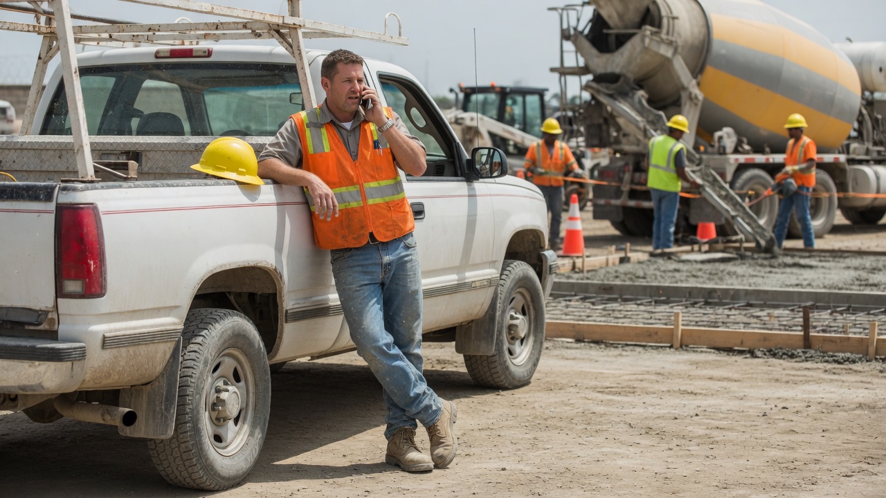 Concrete foreman on a residential flatwork pour reviews a routed estimate-call summary on his phone
