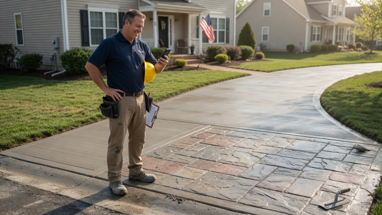 Concrete contractor reviews a GC flatwork lead summary on his phone between residential driveway pours