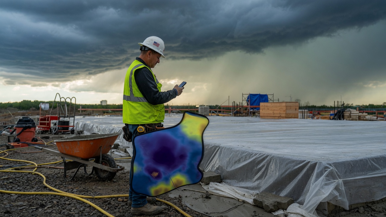 Concrete contractor reviews a pour delay notice draft on his phone while rain clouds move over a scheduled flatwork job