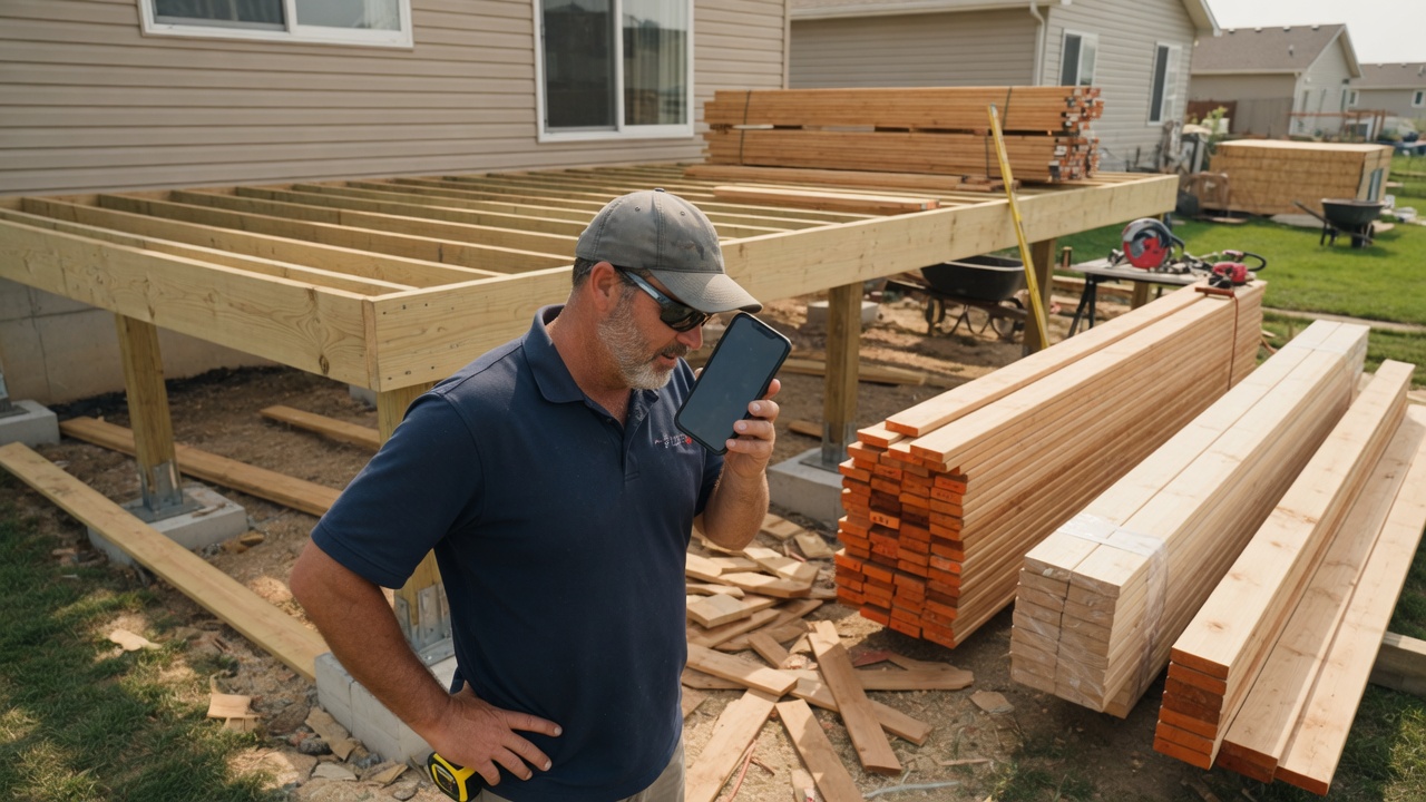 Deck builder on a residential framing line reviews a routed estimate-call summary on his phone