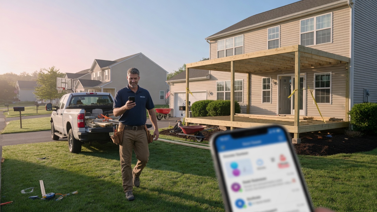 Deck builder reviews a Houzz referral lead summary on his phone between residential framing jobs