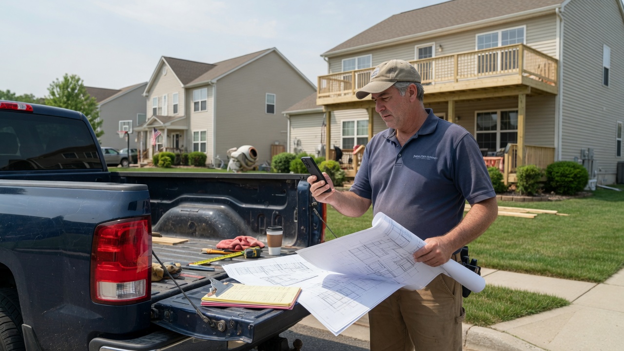 Deck builder reviews an HOA and permit follow-up draft on his phone before mobilizing a composite framing job