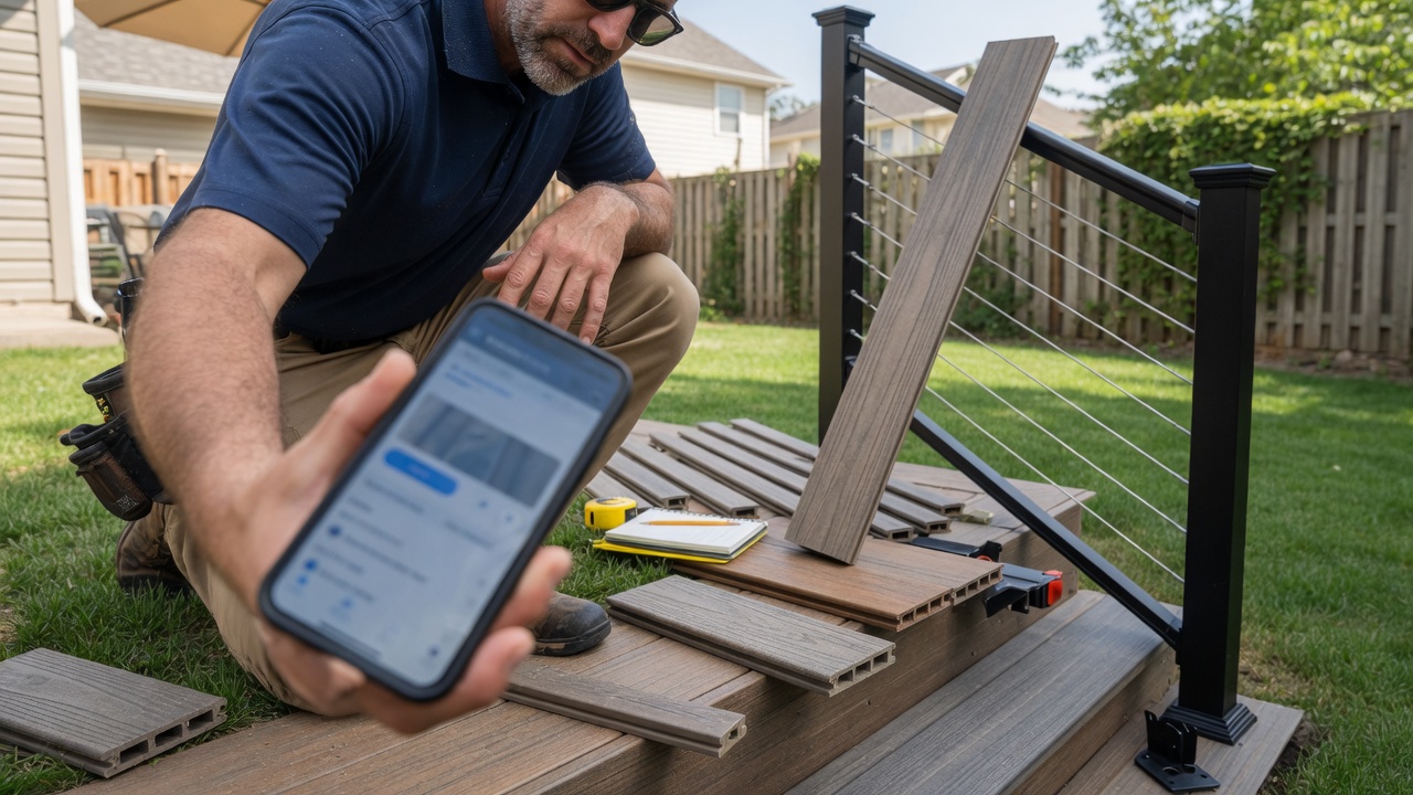 Deck contractor drafts a proposal with footing and railing line items on his phone beside stacked composite boards