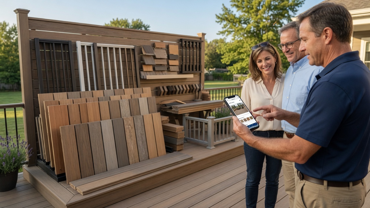 Deck contractor reviews a composite railing selection follow-up draft on his phone beside material samples