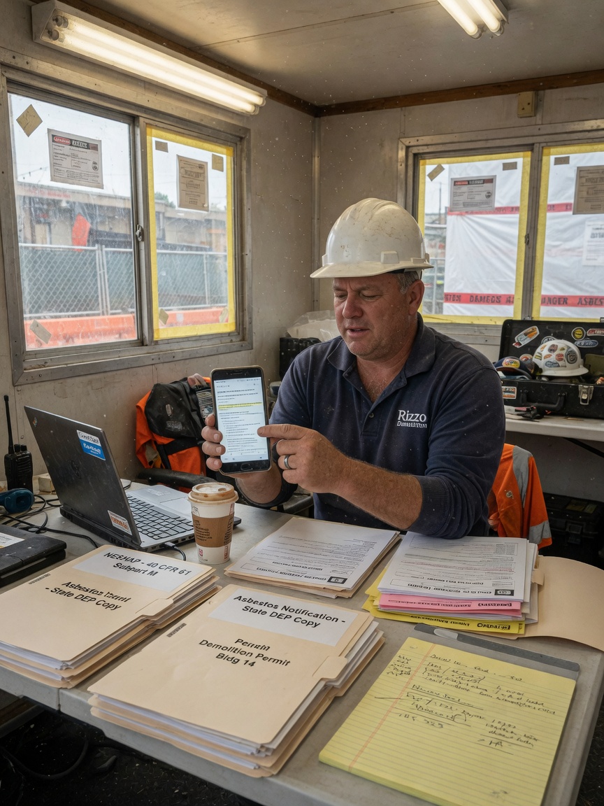 Demolition project manager reviews an asbestos notification timeline update draft on his phone beside a commercial structure
