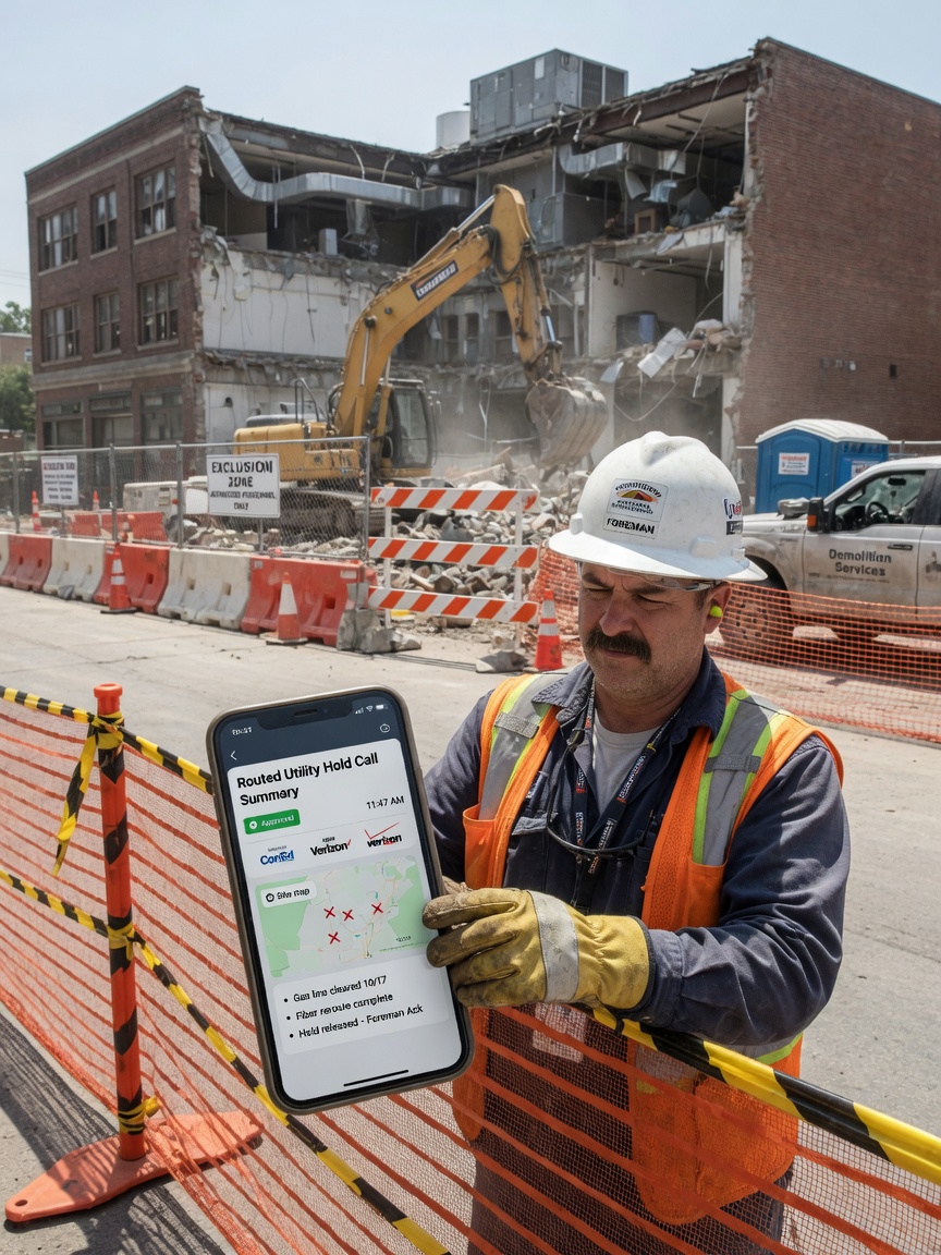 Demolition foreman inside an exclusion zone reviews a routed utility-call summary on his phone