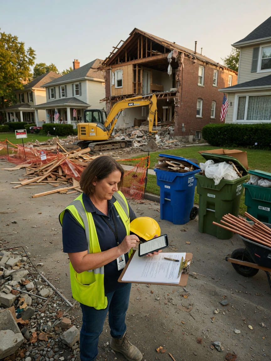 Demolition office manager reviews a neighbor notice and recycling plan draft on her laptop