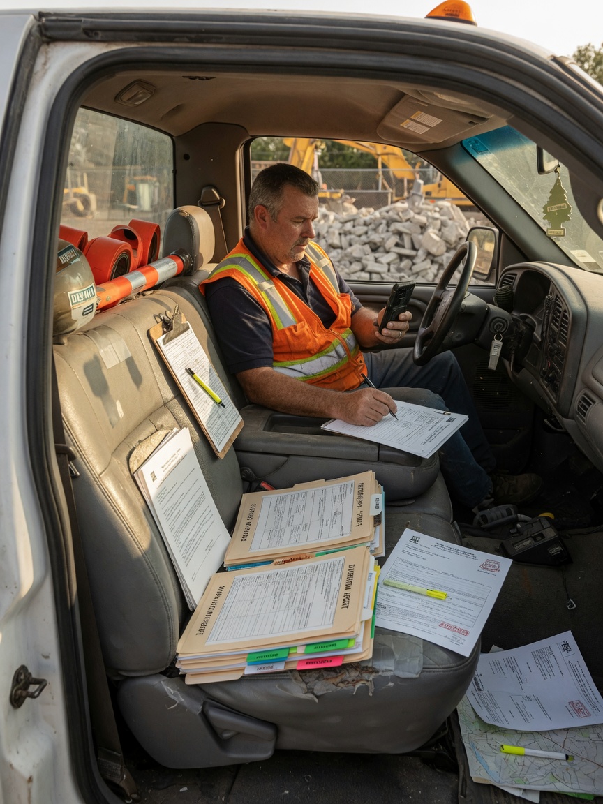 Demolition contractor drafts a commercial teardown bid and permit checklist on his phone after a site walk