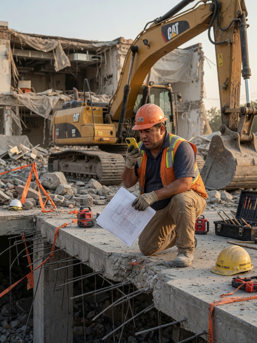 Demolition foreman logs unforeseen slab scope from a voice note on his phone at an active teardown site