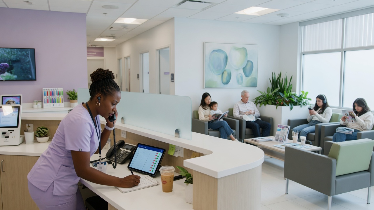 Dental office manager reviews a new-patient call summary on her phone while patients check in at the front desk