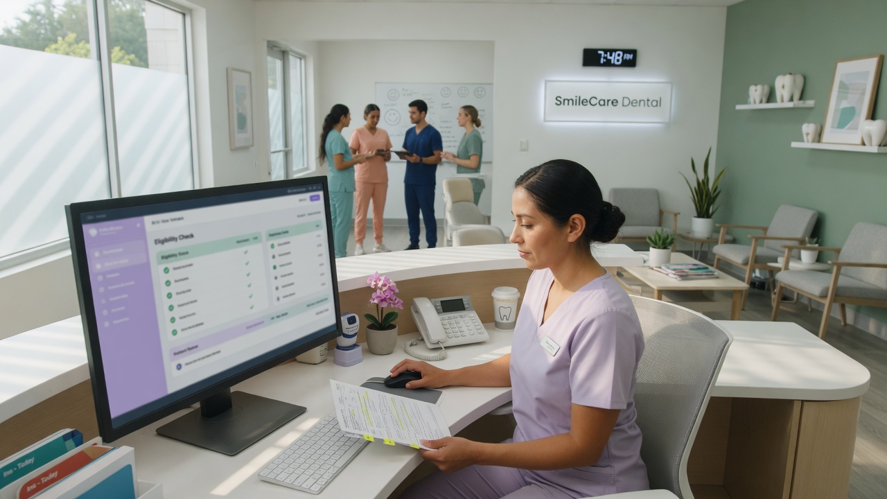 Dental front desk staff reviews insurance eligibility notes on a monitor before the morning huddle