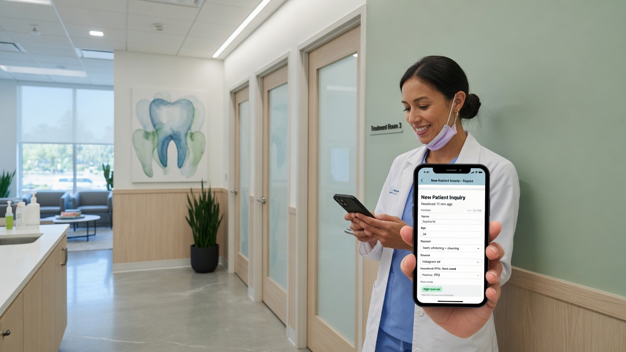 Dentist reviews a Zocdoc new-patient lead summary on her phone between patients