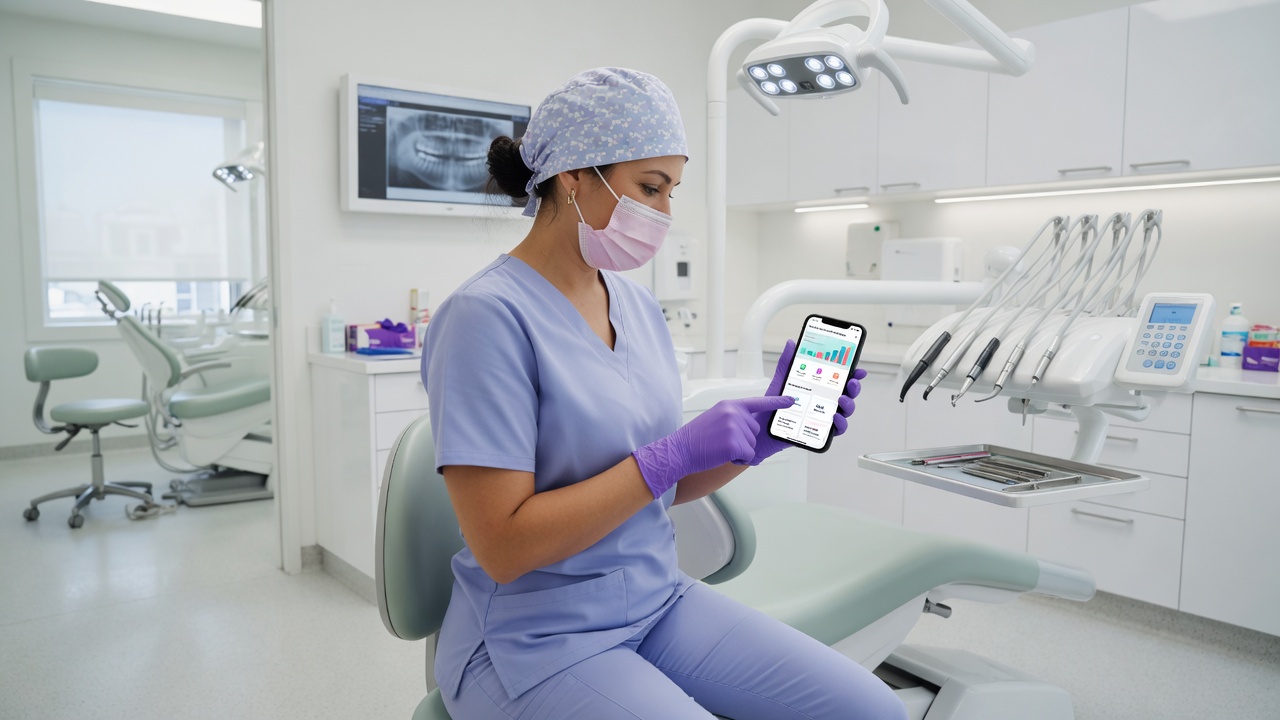 Dental hygienist reviews an overdue recall campaign summary on her phone beside an open hygiene operatory