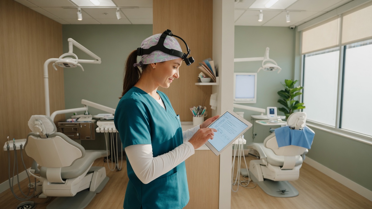 Dentist reviews a treatment plan follow-up draft on a tablet between operatories