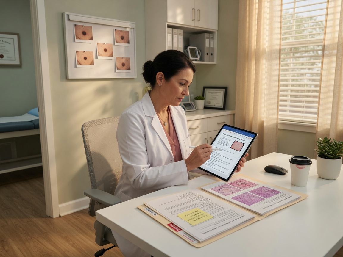 Dermatology practice manager reviews a pending biopsy follow-up draft on a tablet between patient visits