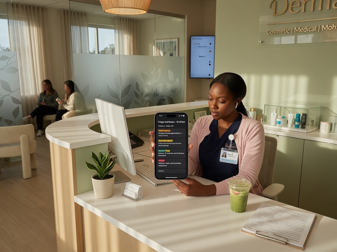 Dermatology front desk staff reviews a cosmetic consult call summary on her phone while Mohs patients check in at the reception desk