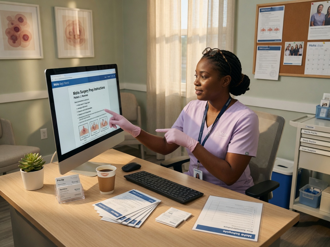 Dermatology front desk staff reviews Mohs pre-procedure instruction drafts on a monitor before afternoon surgery block