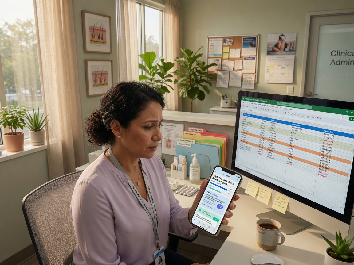Dermatology clinic owner reviews a high-risk skin recall campaign summary on her phone beside the medical scheduling board