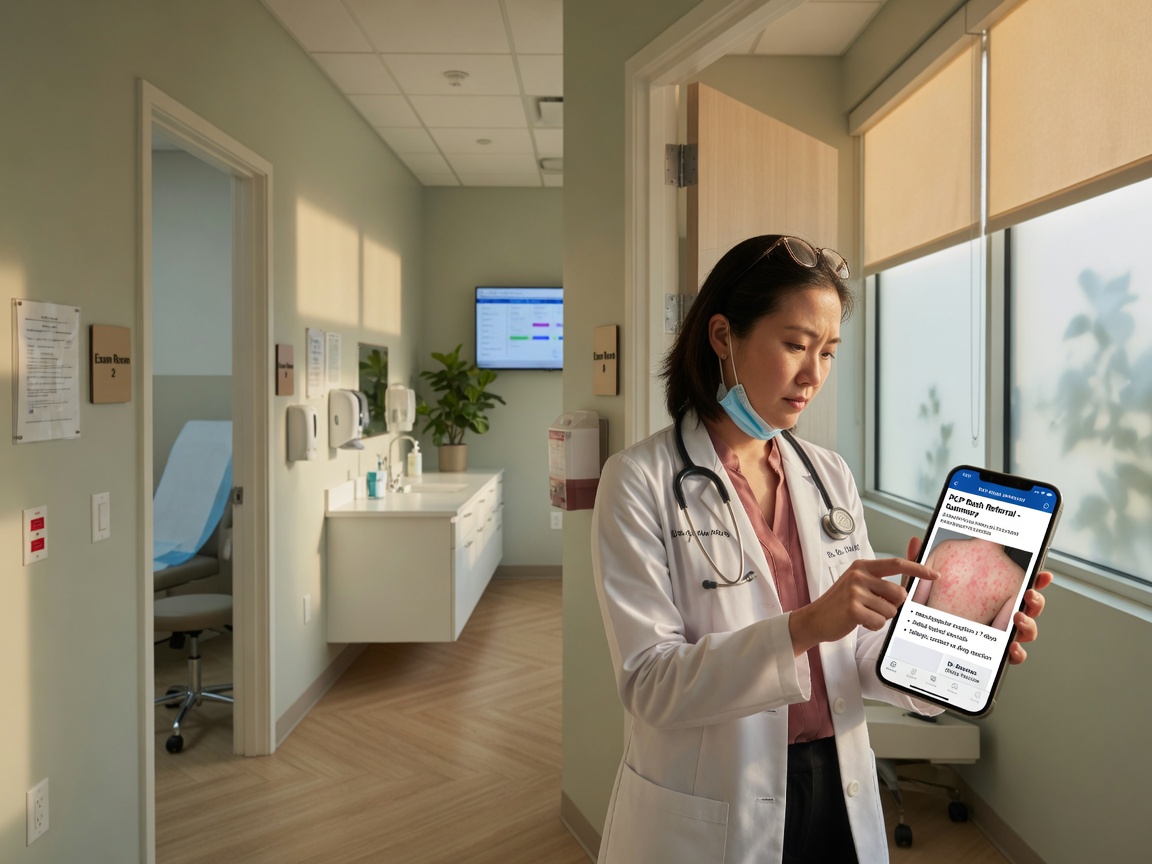 Dermatology practice owner reviews a PCP referral lead summary on her phone between Mohs cases