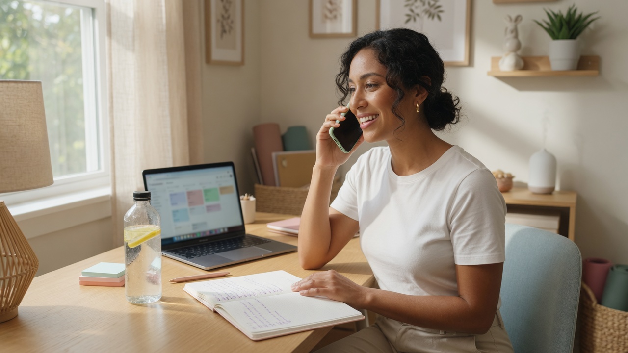 Registered dietitian reviews a new-client intake call summary on her phone between telehealth nutrition consults