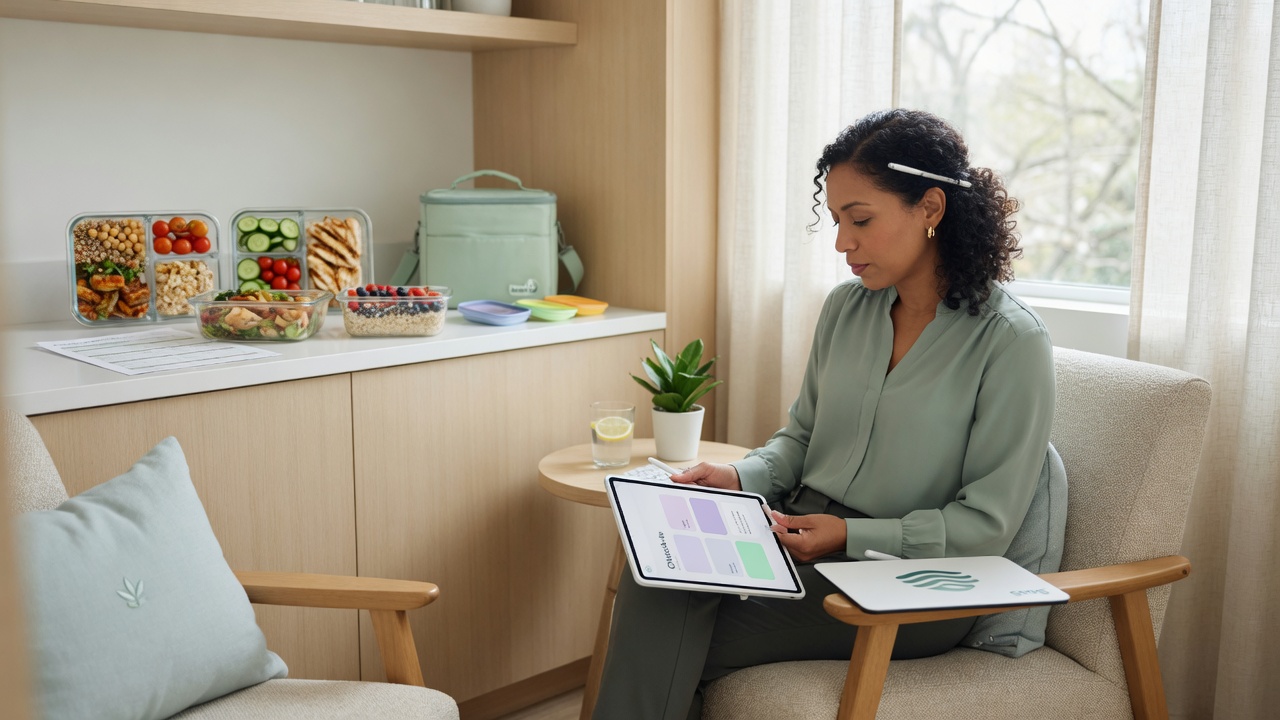 Registered dietitian reviews a between-session meal plan check-in draft on her laptop between client consults