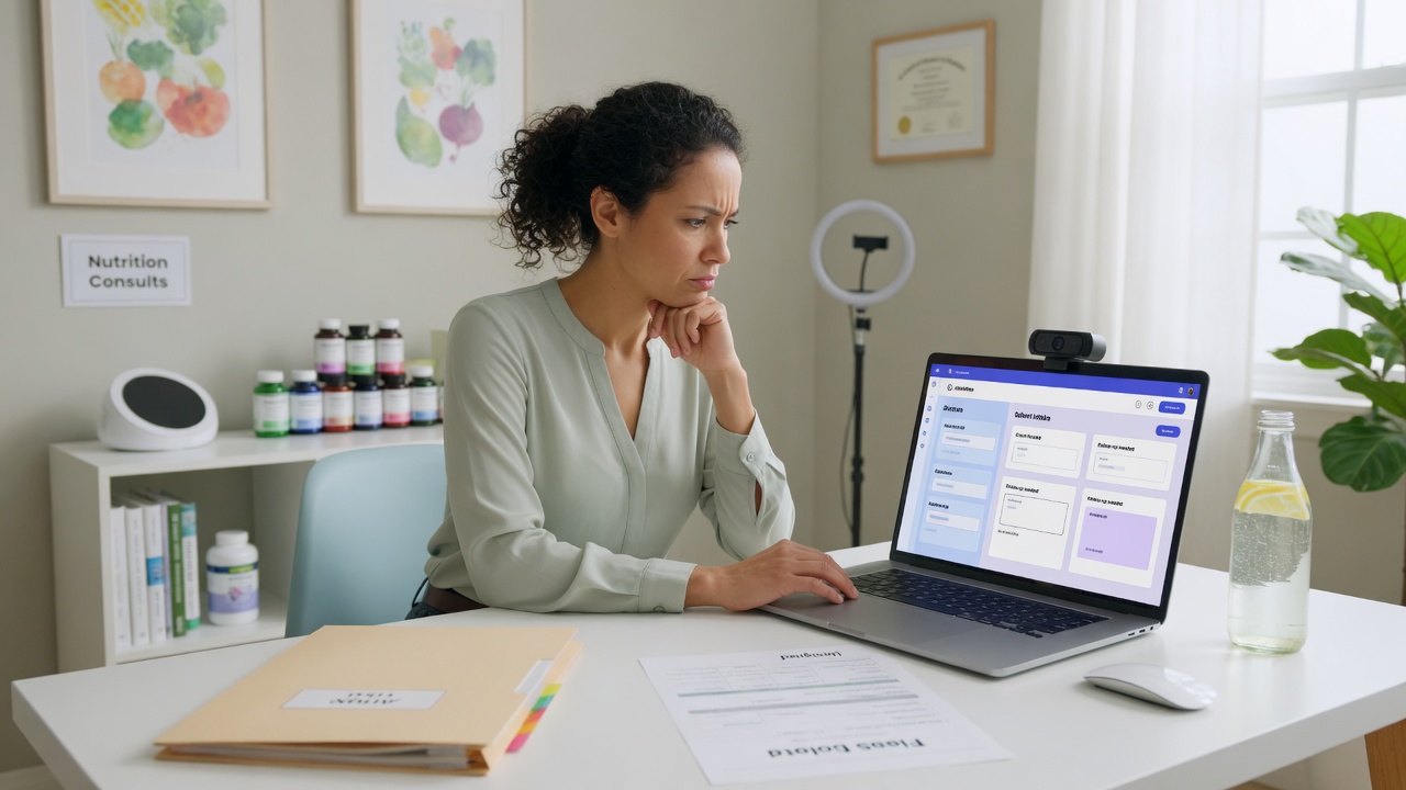 Nutrition practice owner reviews an unsigned intake form chase draft on a tablet beside her meal-planning workspace