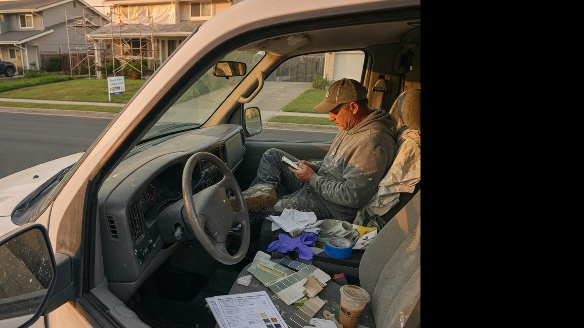 Drywall contractor drafts a hang-and-finish bid with Level 4 and Level 5 line items on his phone beside stacked board