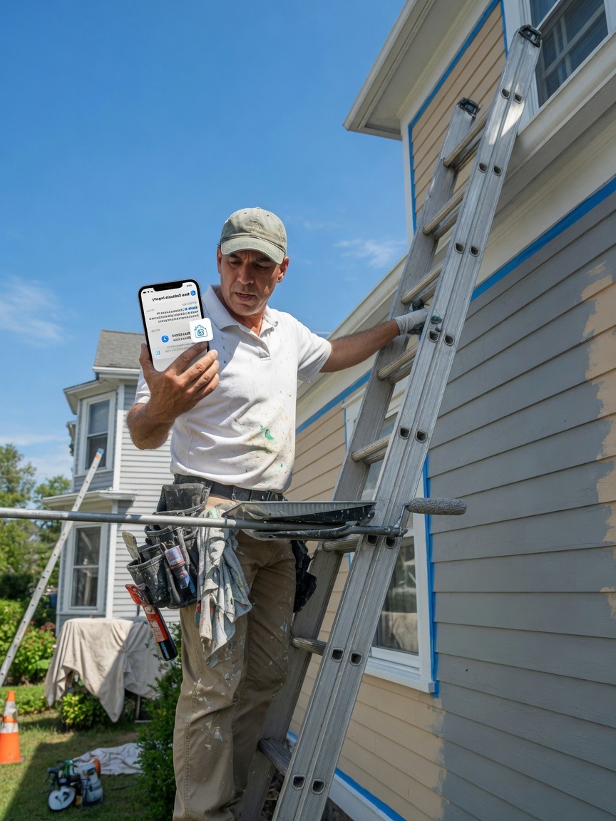 Drywall foreman on a commercial hang line reviews a routed bid-call summary on his phone