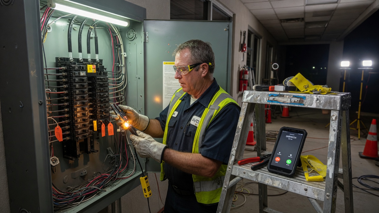 Electrician at a live panel while an AI agent triages an after-hours power-loss call