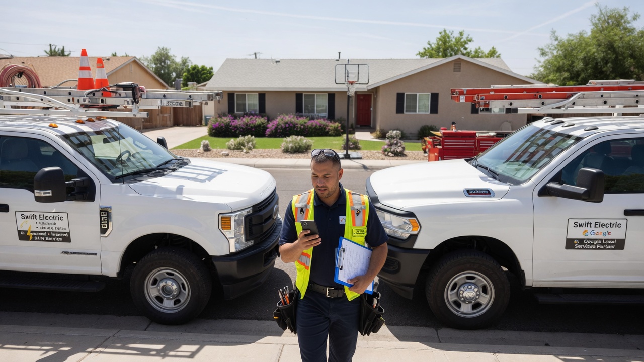 Electrician responds to a Google Local Services lead on his phone between jobs