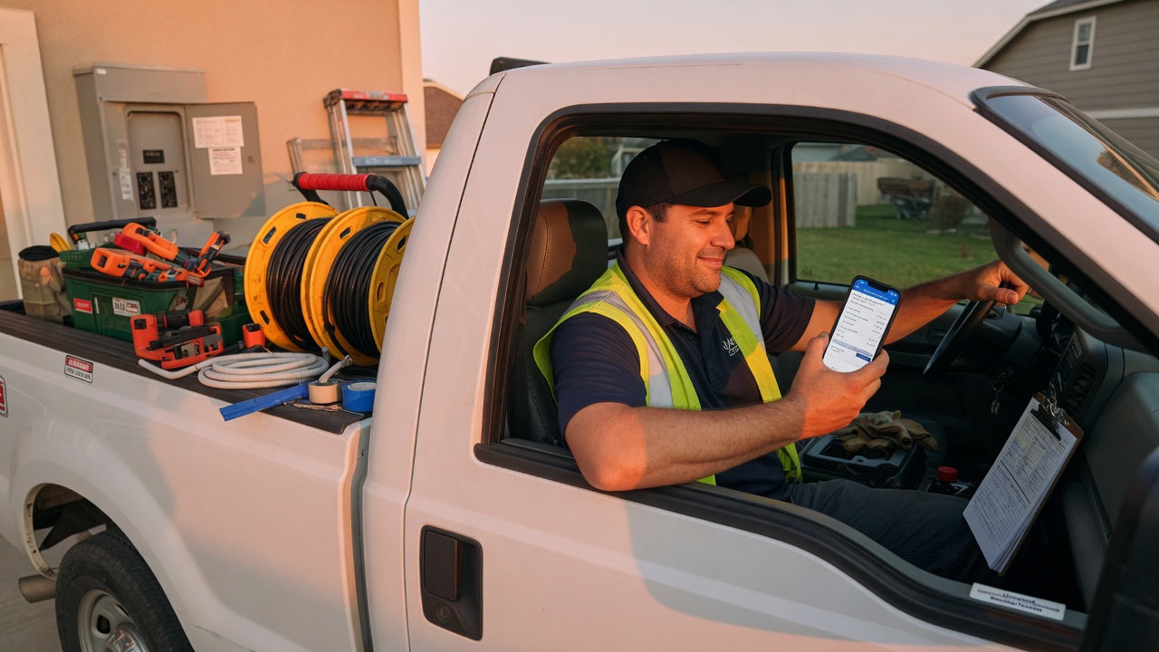 Electrician in his truck sending a panel upgrade estimate from his phone