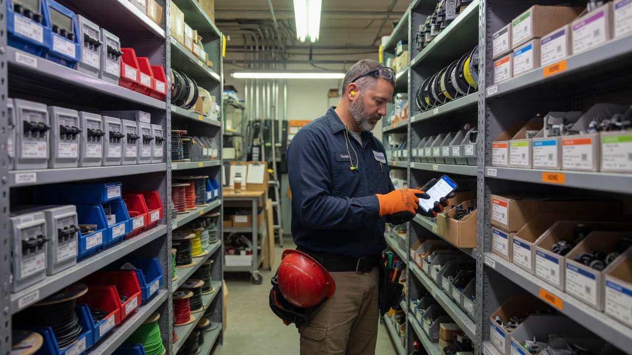 Electrician checks NEC guidance and parts availability on his phone at a supply house