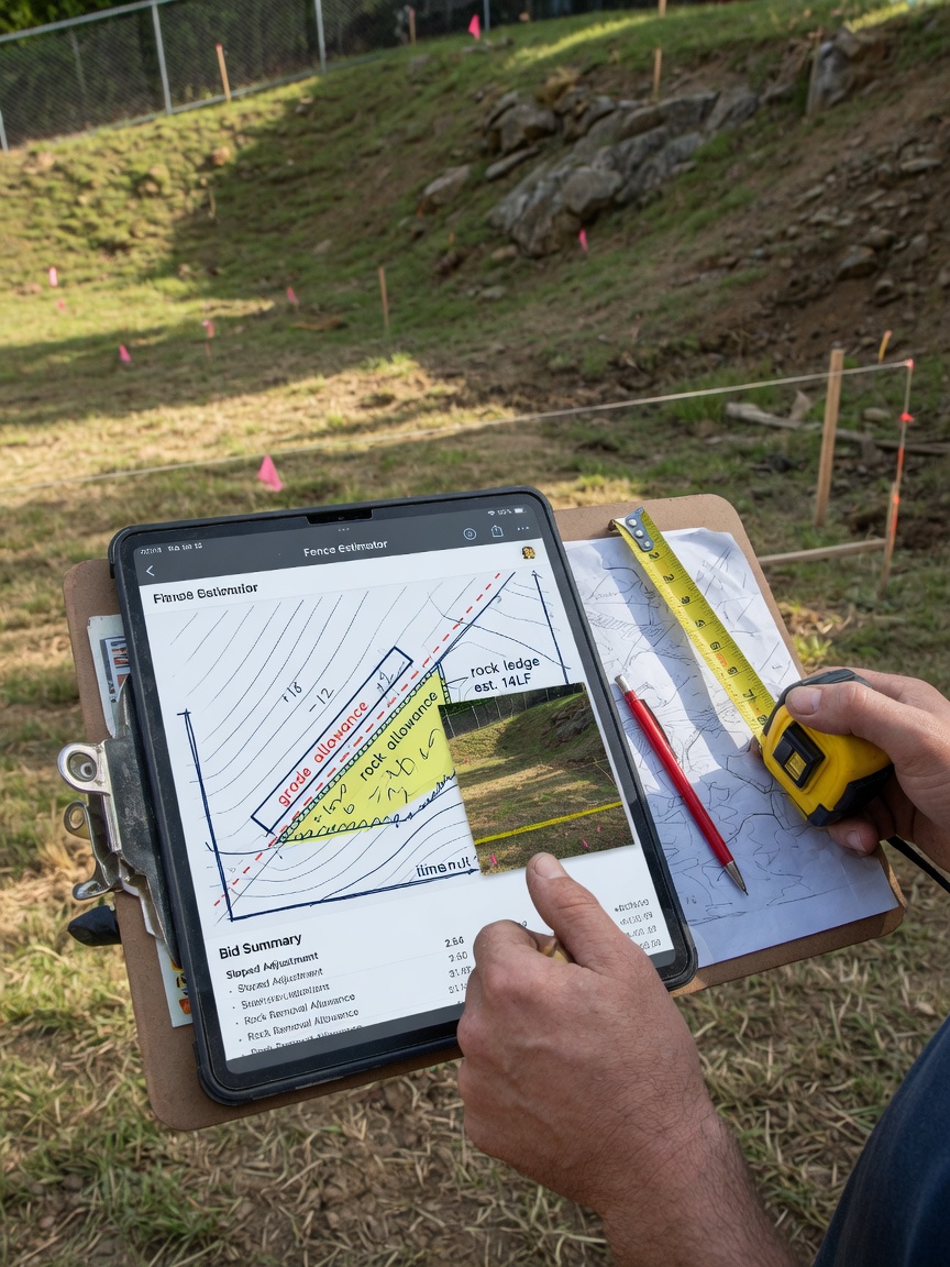 Fence contractor drafts a site-walk bid with rock and grade allowance lines on his phone beside stacked posts