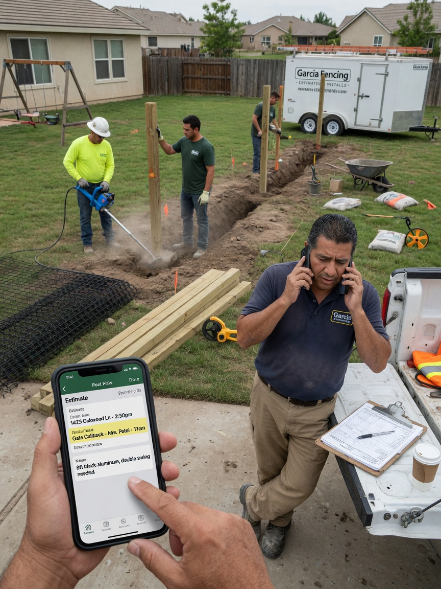 Fence installer on a residential post line reviews a routed estimate-call summary on his phone