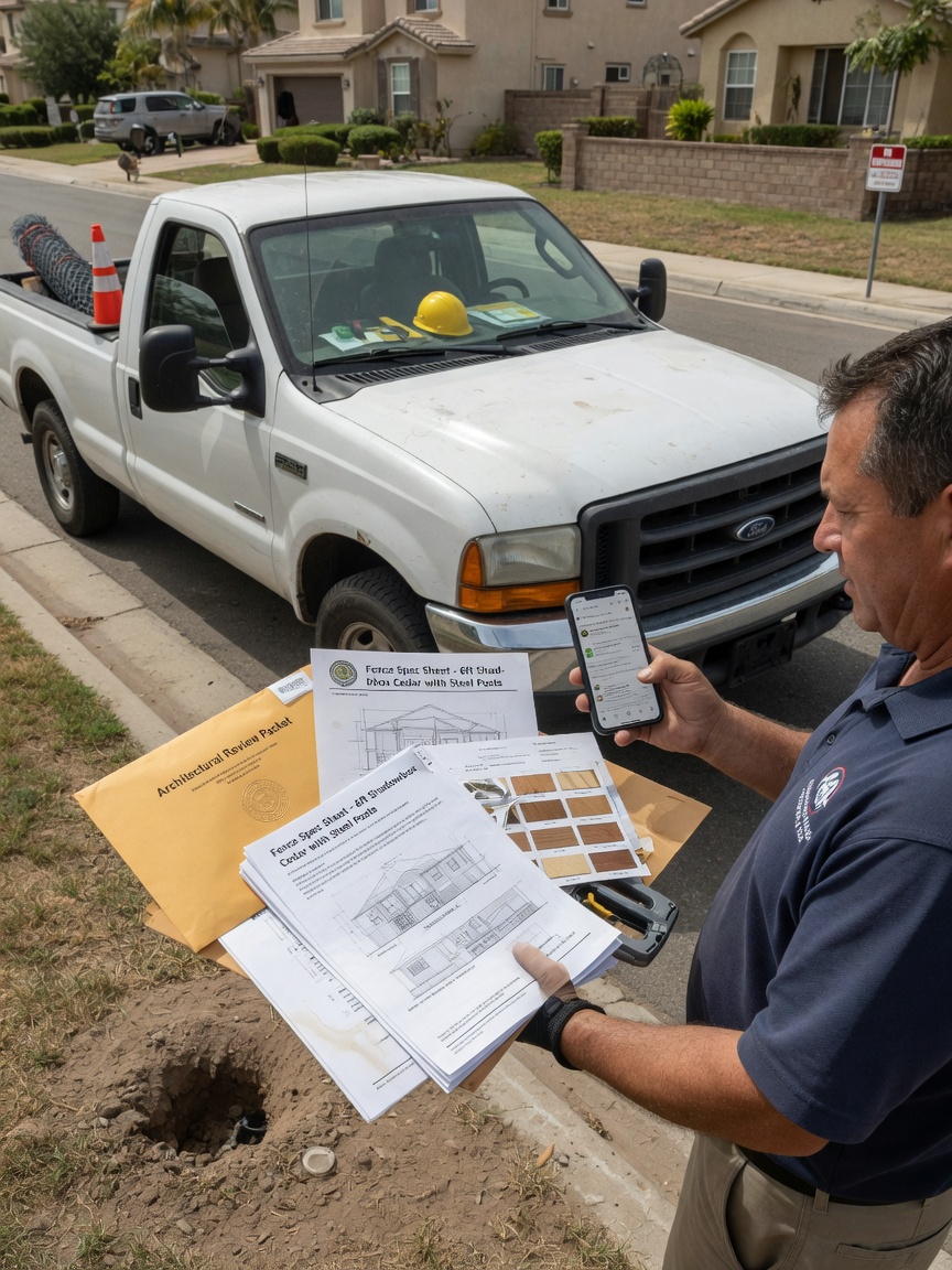 Fence installer reviews an HOA approval follow-up draft on his phone before mobilizing a cedar panel job