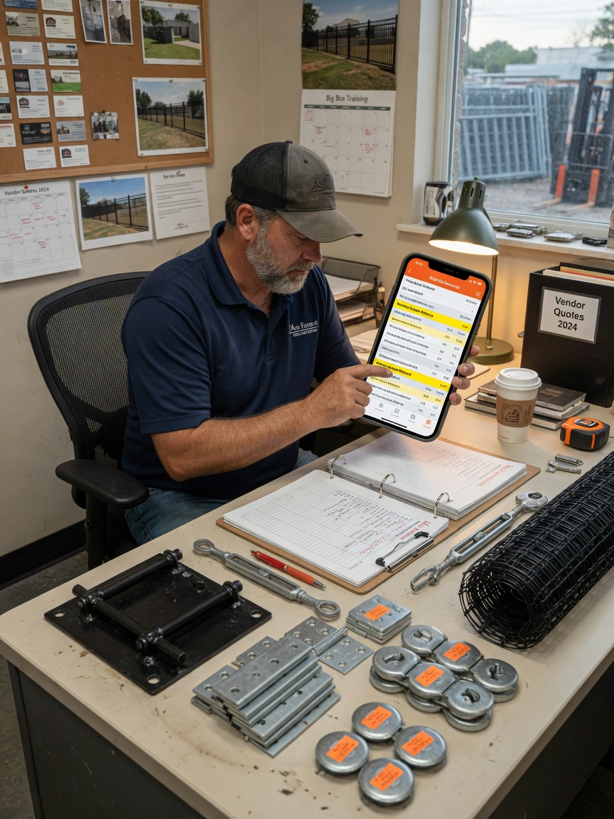 Fence installer reviews a Big Box referral lead summary on his phone between residential installs