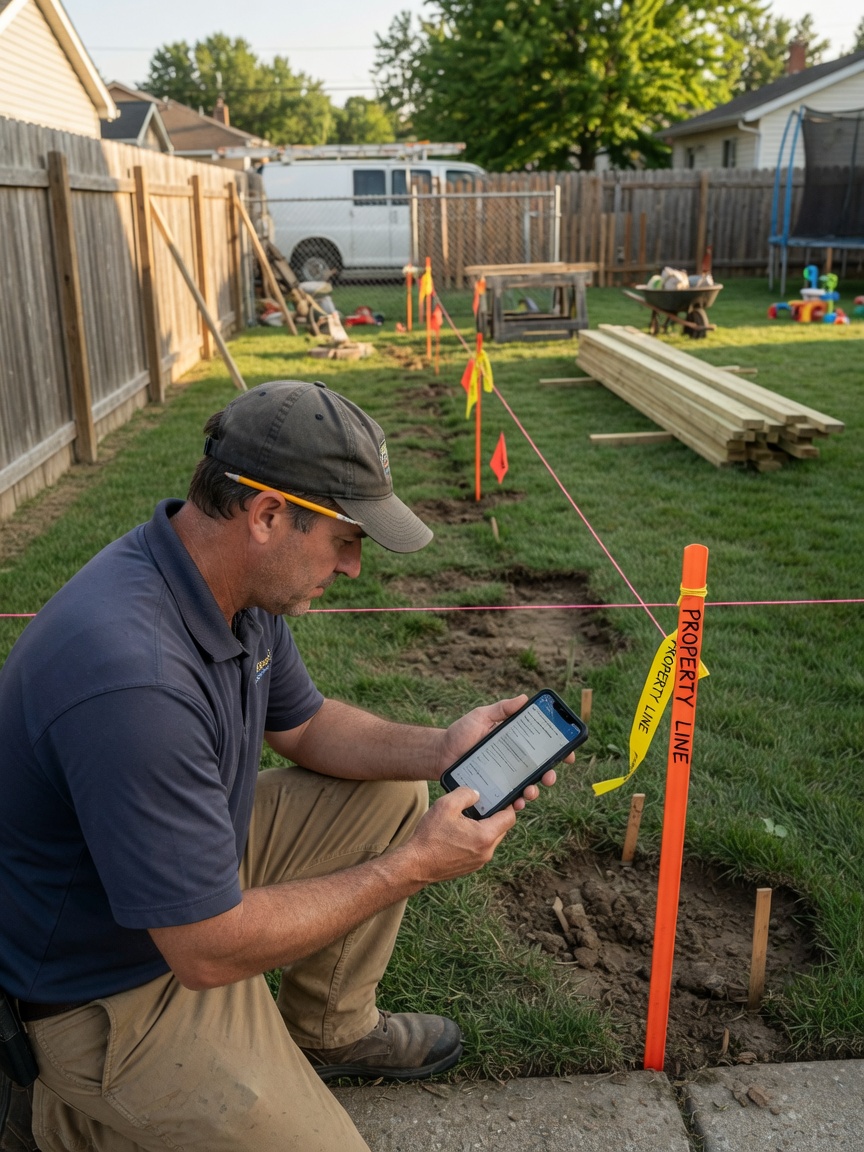 Fence contractor reviews a property line neighbor notice draft on his phone beside a survey stake
