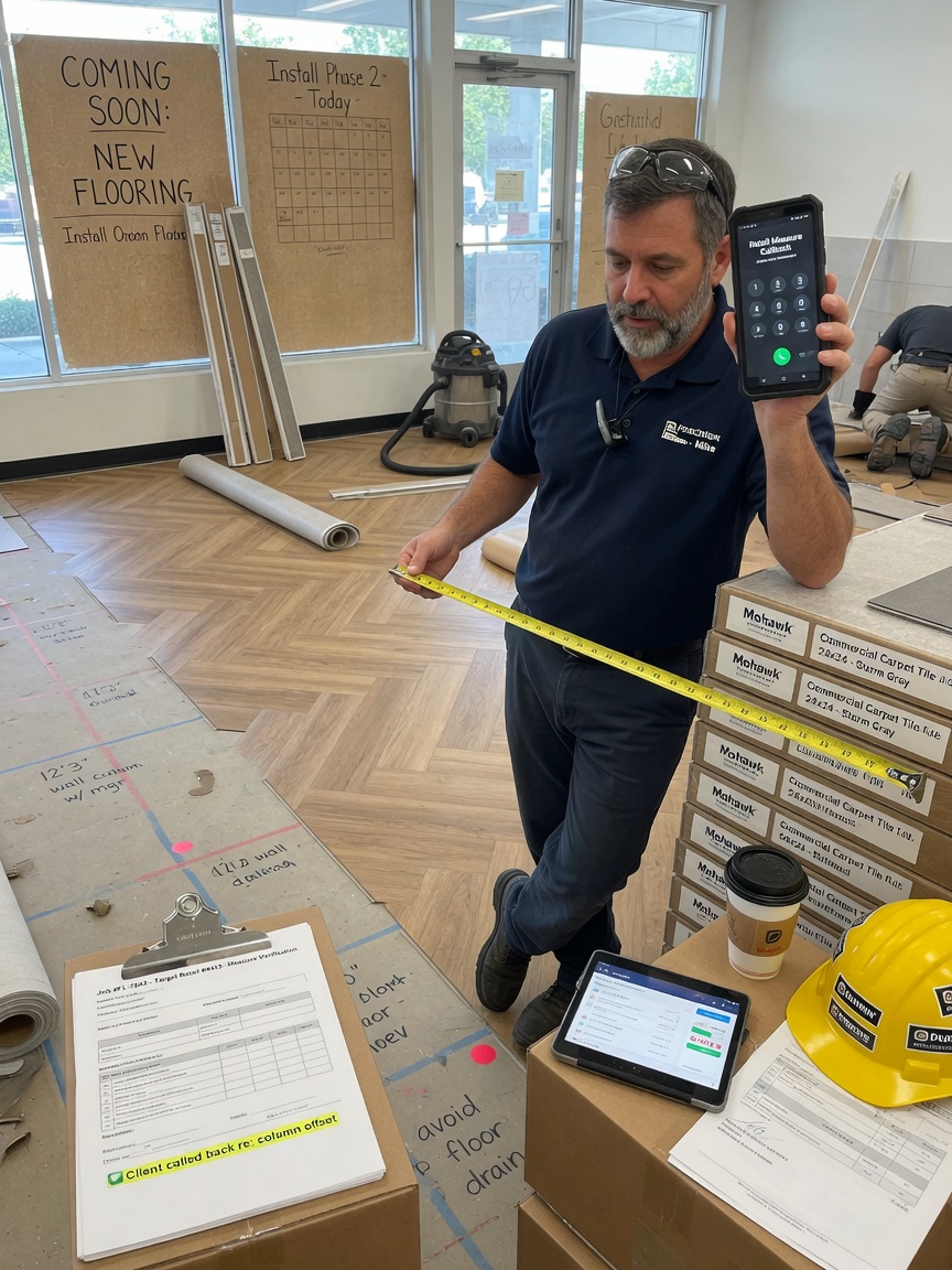 Flooring installer reviews a retail lead brief on his phone beside a hardwood acclimation stack