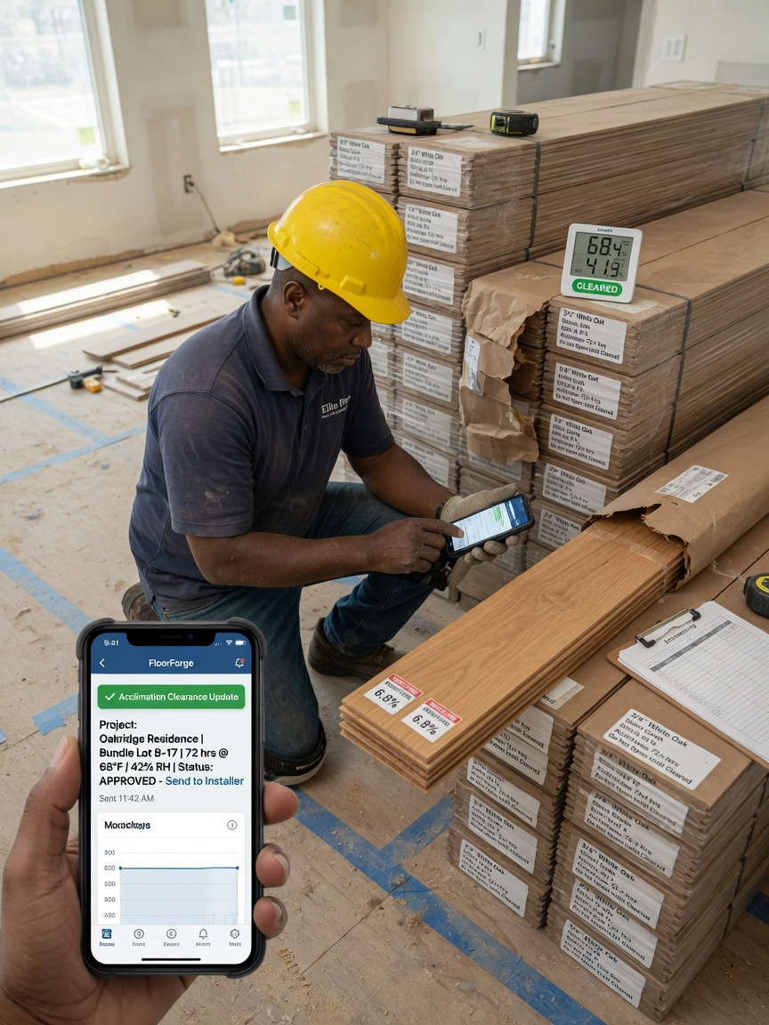 Flooring installer reviews an acclimation milestone update draft on his phone beside stacked hardwood cartons