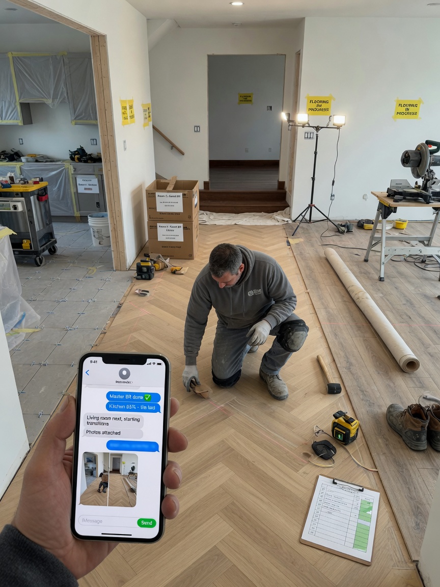Flooring crew lead reviews a room-by-room progress update draft on his phone between LVP runs
