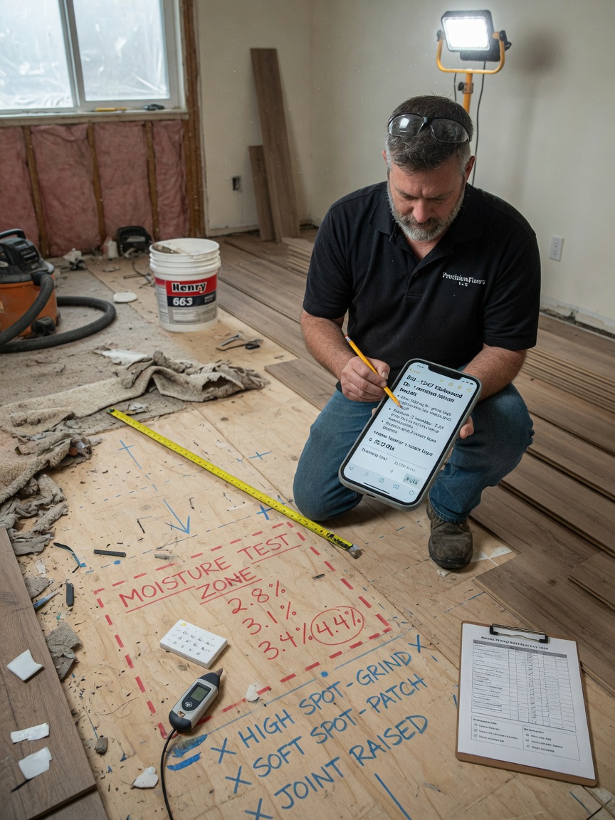Flooring contractor drafts a bid with subfloor prep lines on his phone after a home measure visit