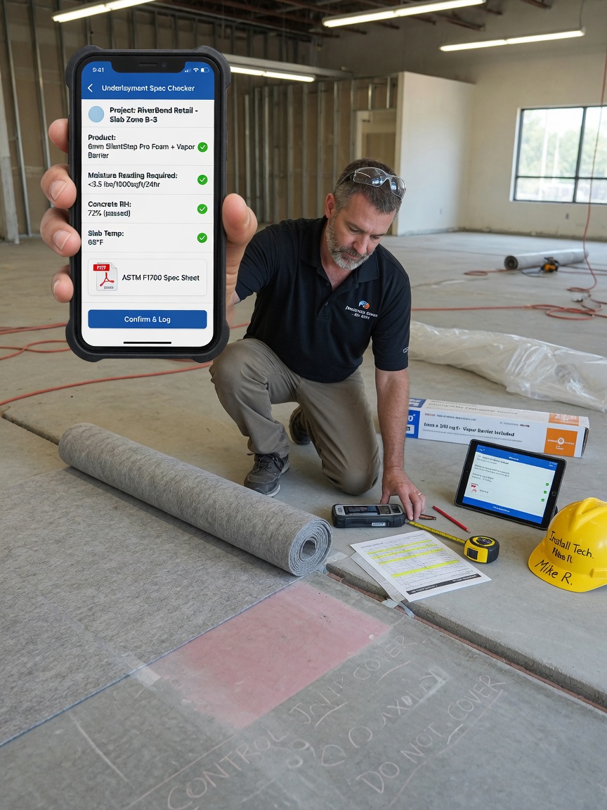 Flooring installer checks underlayment and moisture specs on his phone at a slab prep site