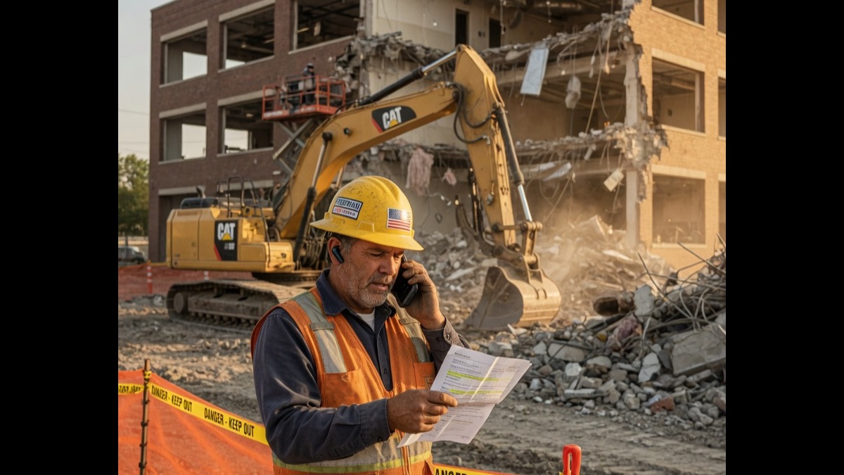 Asbestos abatement supervisor reviews a containment callback brief on his phone beside negative-air equipment at a commercial jobsite