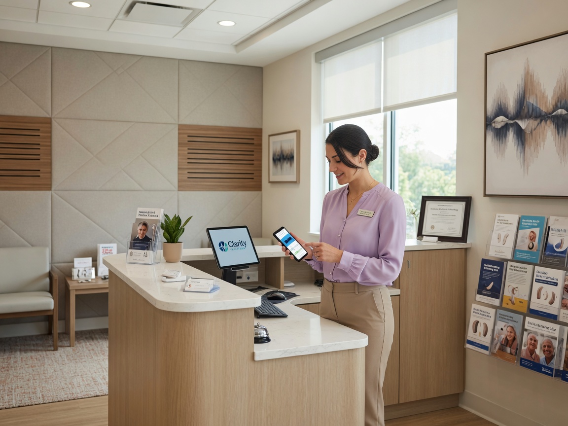 Hearing clinic owner reviews a new hearing eval intake summary on her phone beside a modern audiology reception desk
