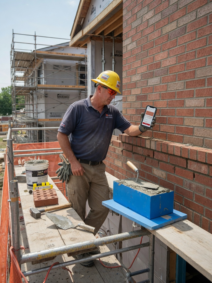 Masonry foreman reviews a superintendent thread summary on his phone beside a veneer scaffold on a commercial job site