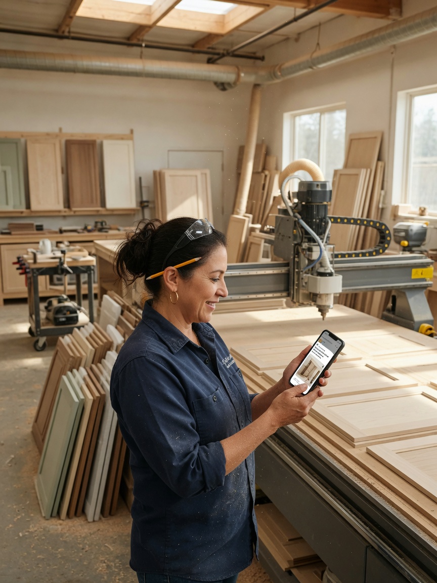 Cabinet shop owner reviews a showroom inquiry brief on his phone beside a CNC router in a custom kitchen workshop