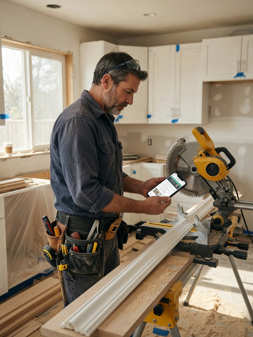 AI for carpenters: finish carpenter reviews a remodel inquiry brief on his phone while the i10X superagent triages cabinet and deck leads